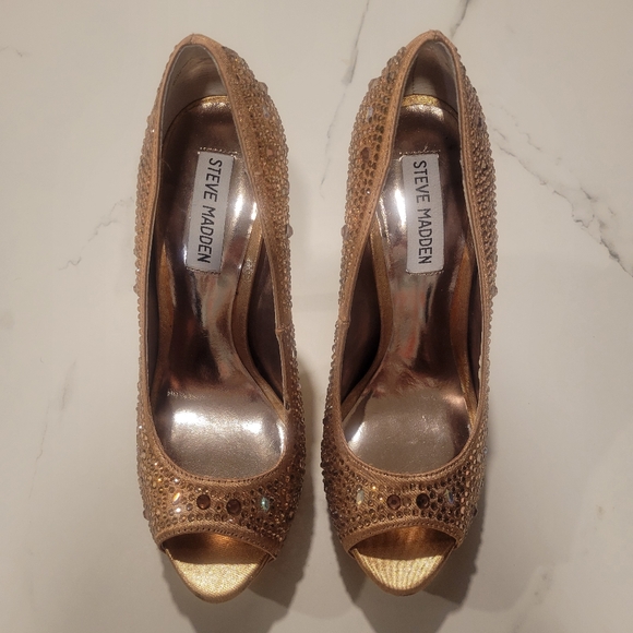 Steve Madden Cycile Rose Gold Pumps Heels Platform Rhinestone Stacked Peep Toe - Picture 7 of 11